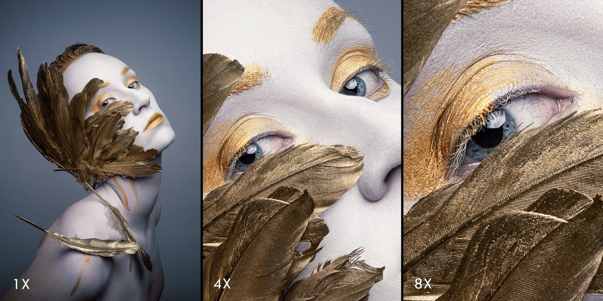 Beauty-Porträt in 1x-, 4x- und 8x-Vergrößerung zeigt die Detailauflösung einer Kamera für Fine-Art-Fotografie